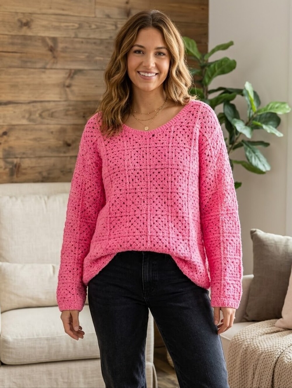 POL Pink Crochet Sweater